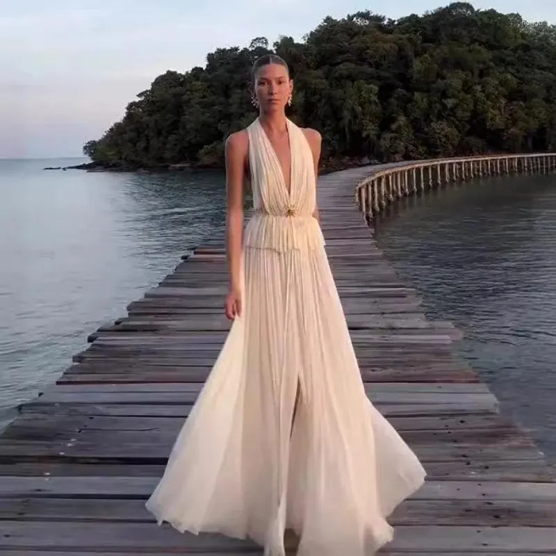 Work Dresses 2024 Summer Elegant Gauze Pleated 2 Piece Set Women Sexy Halter Backless Tops Elastic Waist Split Long Skirt Vacation Beachwear