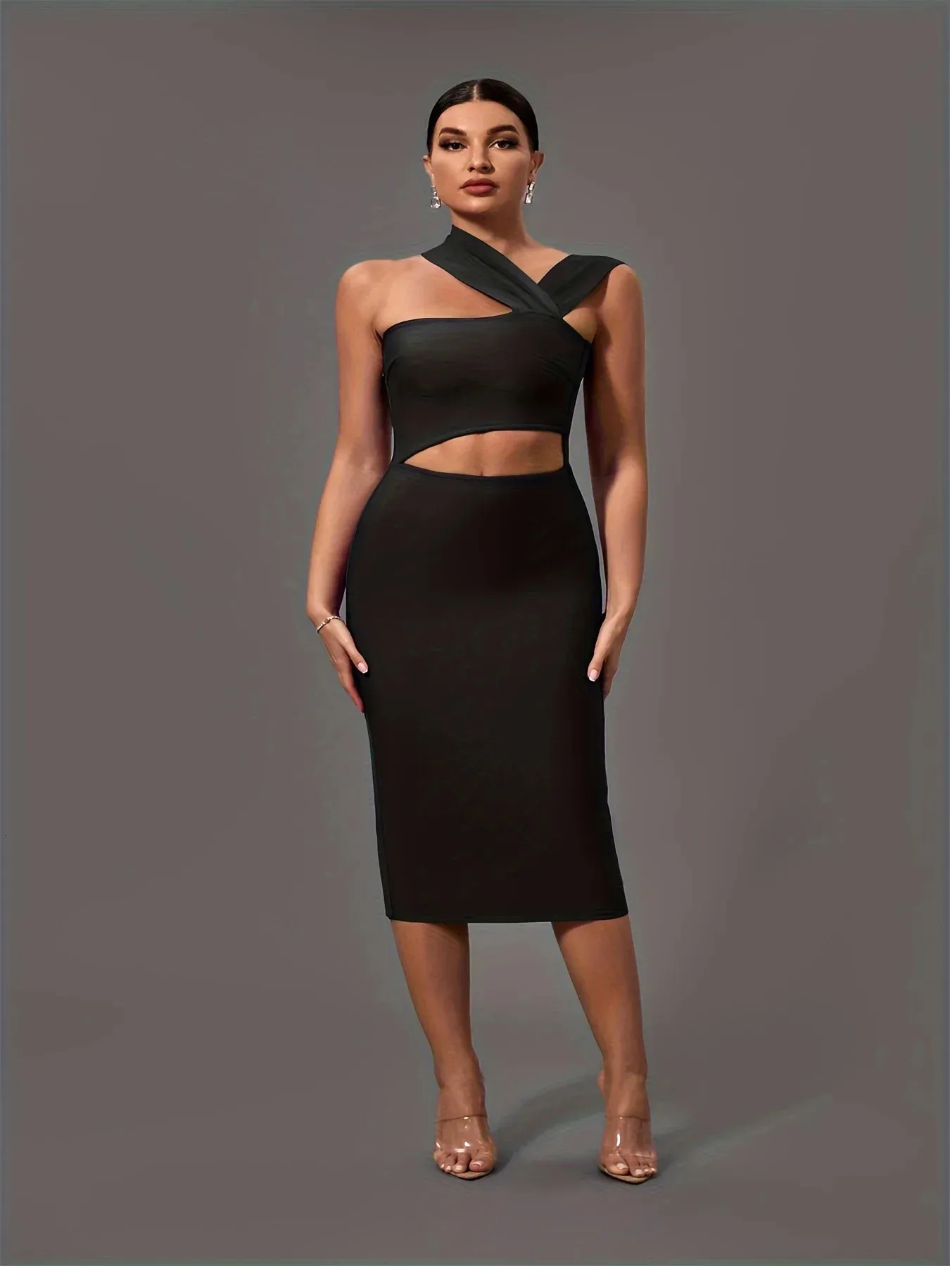 Black Bandage Dress Women Midi Party Dress Bodycon Elegant Halter Neck Sexy Cut Out Birthday Evening Club Outfits Summer Black / M