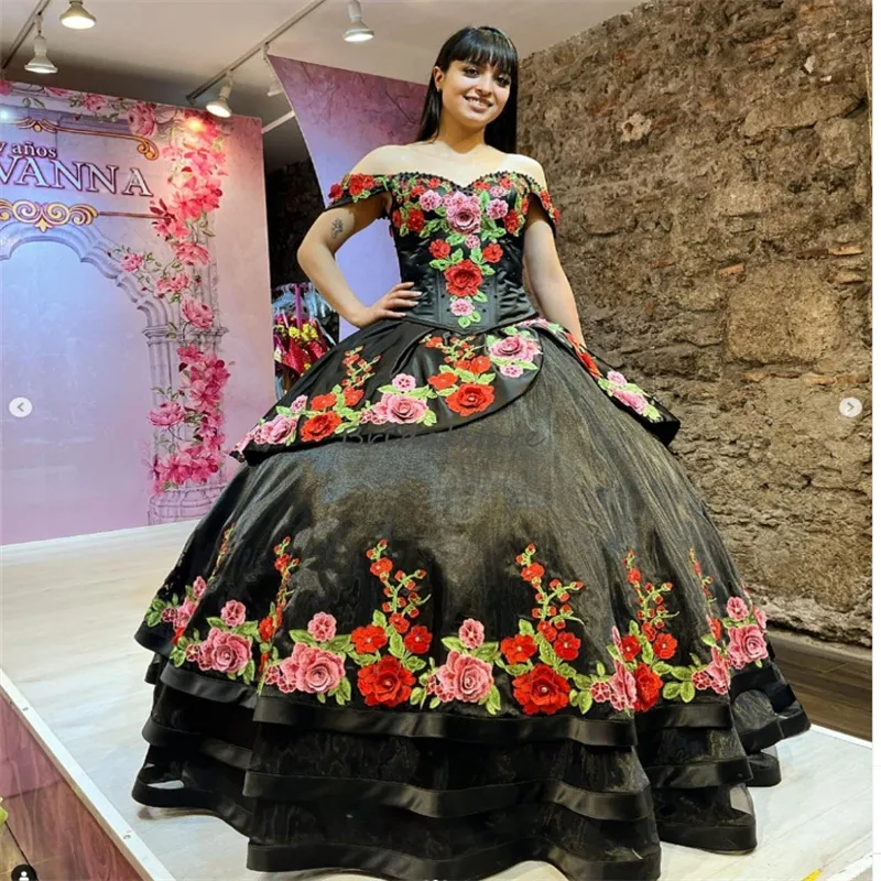 black lace mexican dress Off-Shoulder Black Mexican Style gothic quinceanera dresses with Charro Flowers and 3D Florals