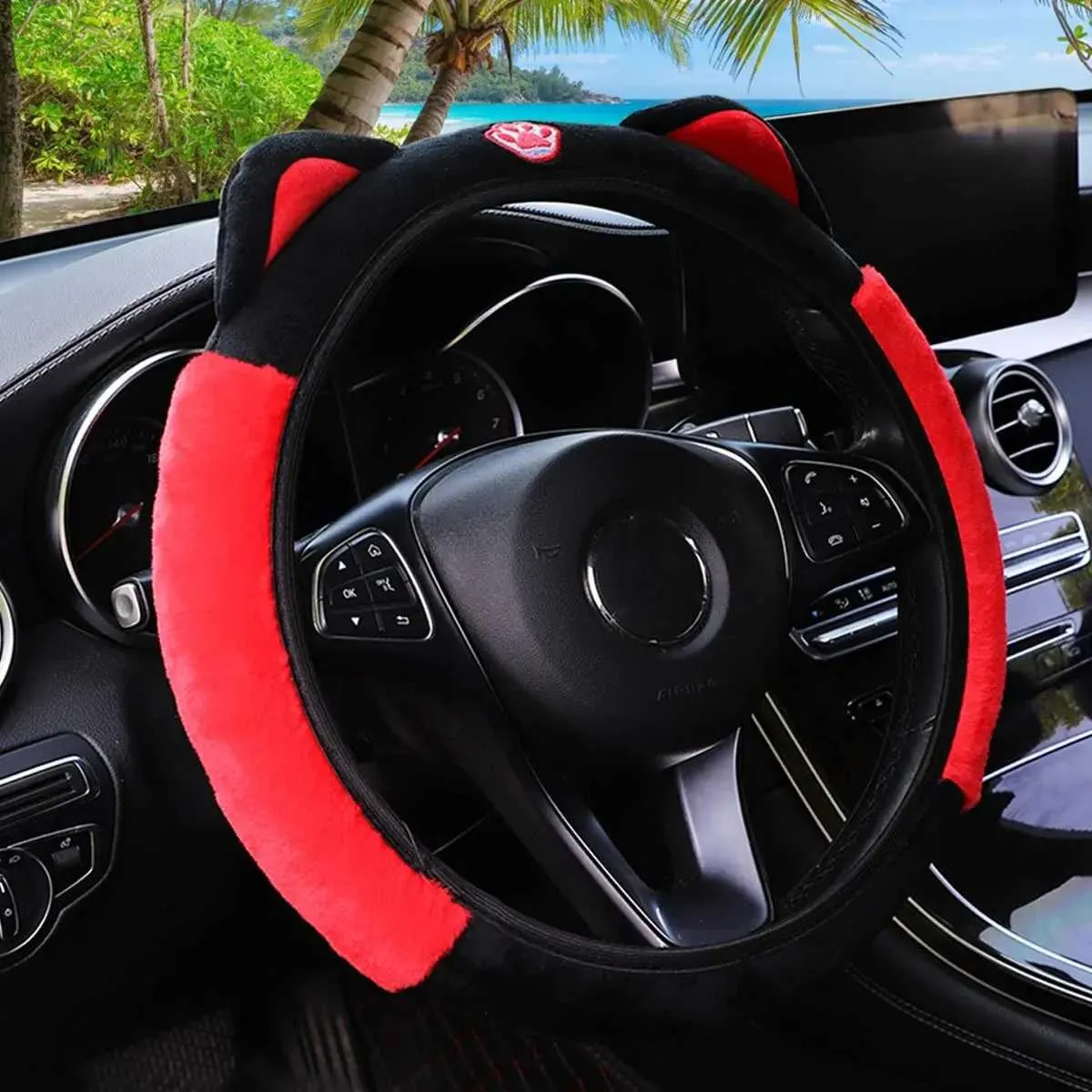 3pcs/set Winter Wool Car Steering Wheel Cover Long Australian Wool Heated Fur Steering Wheel Cover Handbrake Gear Shifter Cover