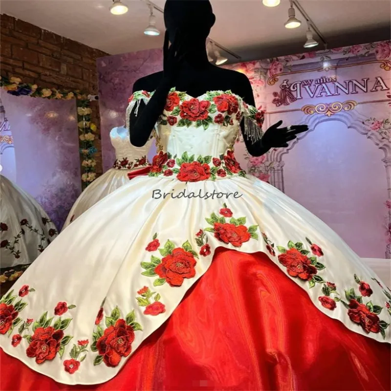 White and Red Charro Quinceanera Dresses with 3D Florals Off Shoulders  Beaded Tassel Gold Appliques Satin Ball Gown Floor-Length from Dhgate  Quinceanera Dresses - price 166.34