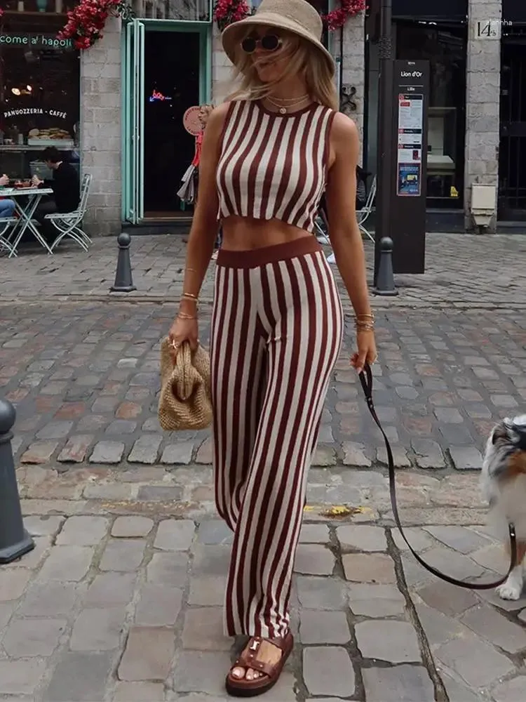 Women's two-piece striped tube top + straight pants suit Women's two-piece striped tube top + straight pants suit