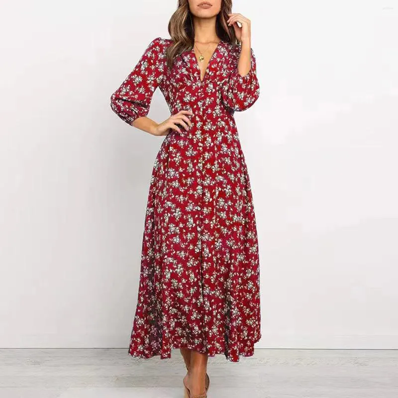 long plus size maxi dresses Plus Size A Line Flowy Dresses Long Sleeve V Neck main image 1