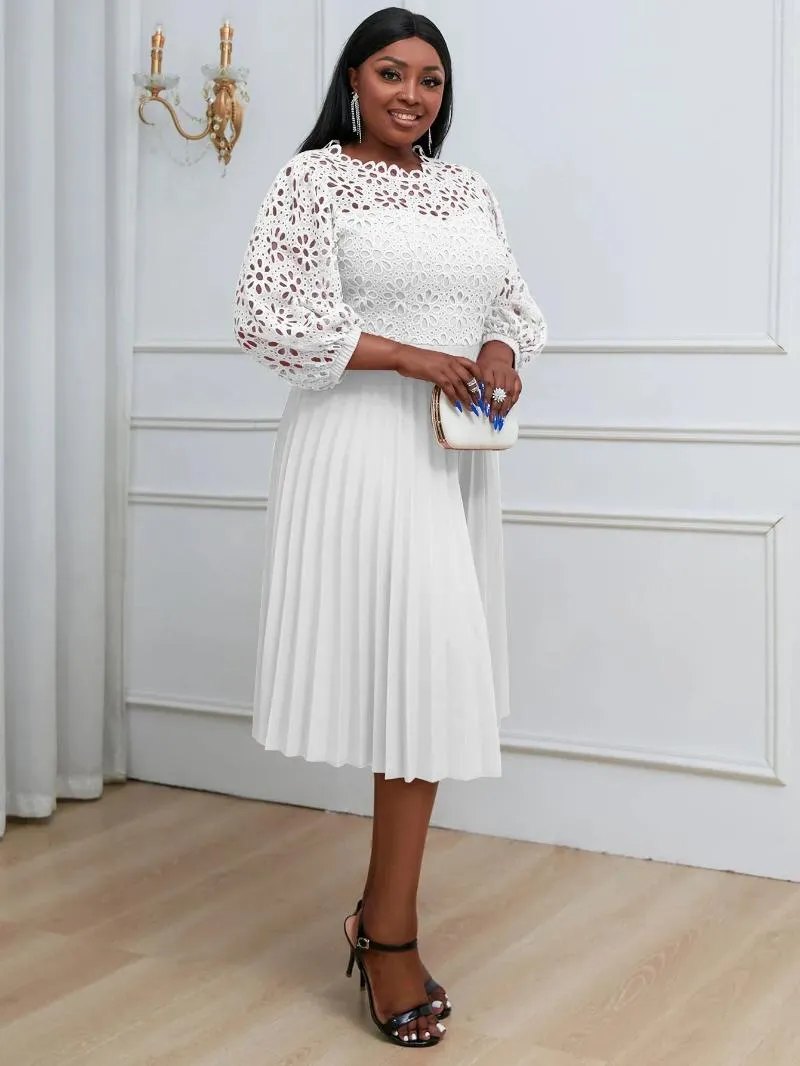 Plus Size Women Summer White Cotton Pleated Midi Dress with Hollow Out Lace  Puff Sleeves from Dhgate Plus size Dresses - price 65.67