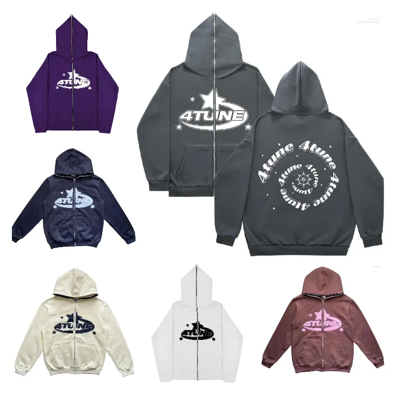 Reflective Letter Tune Star Zip-Up Hoodie: Trendy Unisex Hooded
