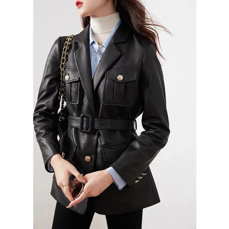 Veste En Véritable Cuir D'agneau Noir Pour Femme - Style Trench-coat Mi-long, Fait Main
