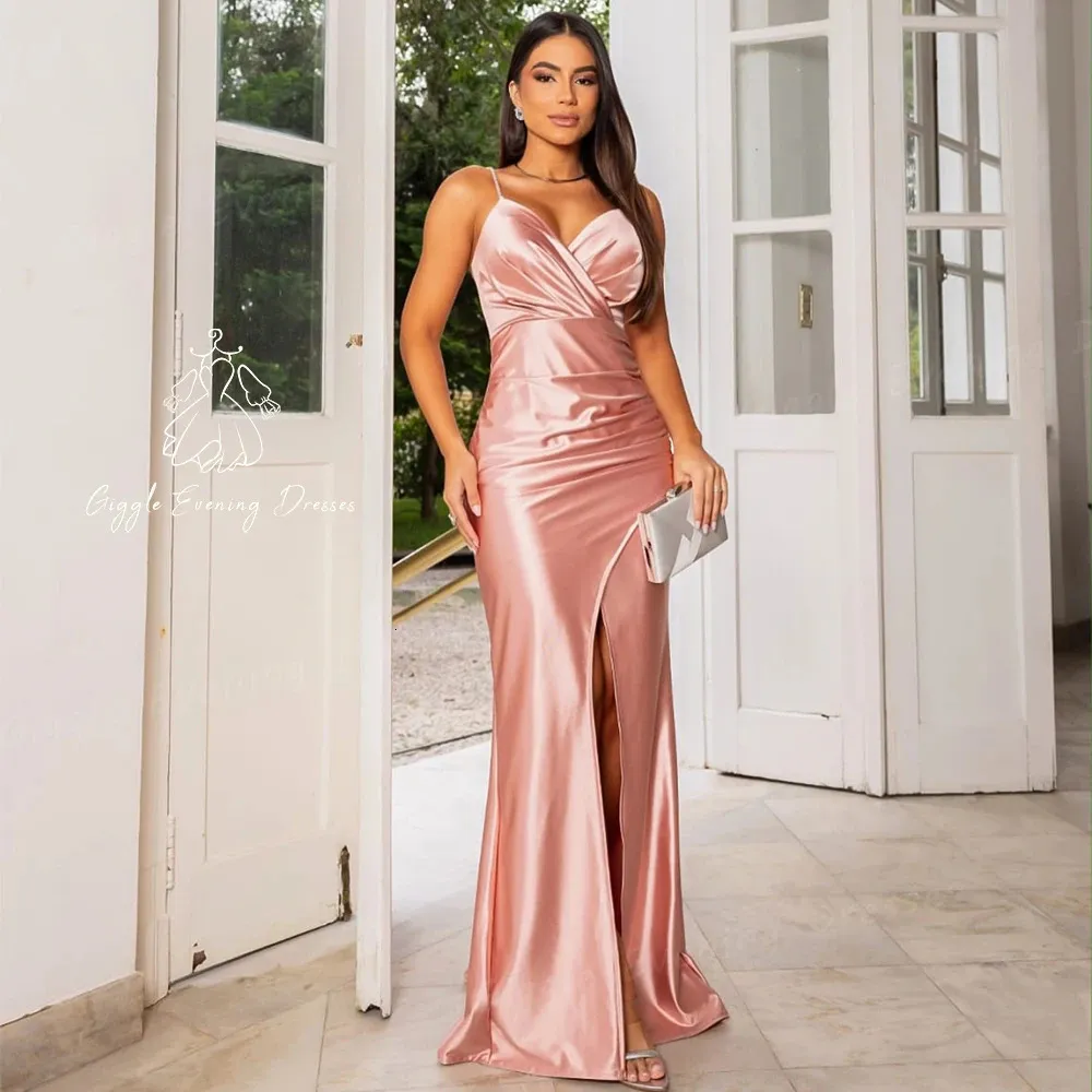 Elegant Satin Party Gown with Giggle Spaghetti Straps, Slit and Pleat Close-Fitting, Floor Length High Slit Formal Dress for Women (240705)