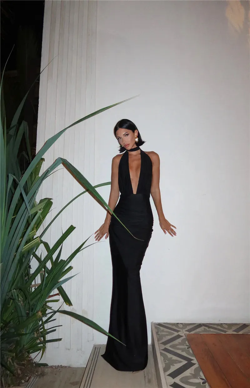 amedeo plunge halter neck maxi dress Amedeo Plunge Halter Neck Maxi Dress - Black