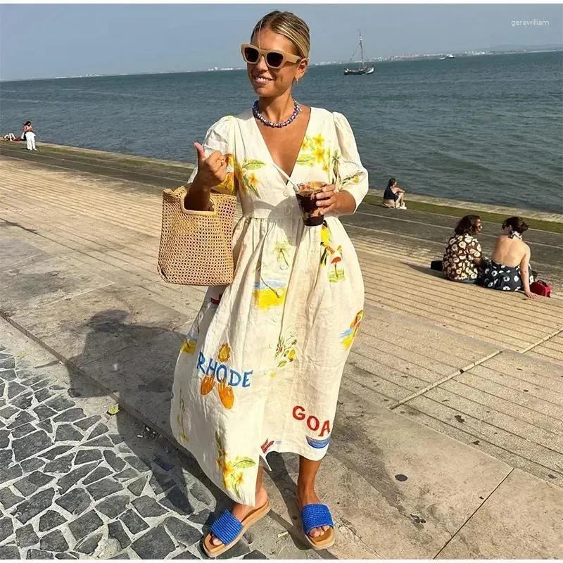 Printed Linen Midi Dress with V-neck and Short Sleeves for Women Casual  Summer Beach Wear from Dhgate Women Beach Wear - price 33.04