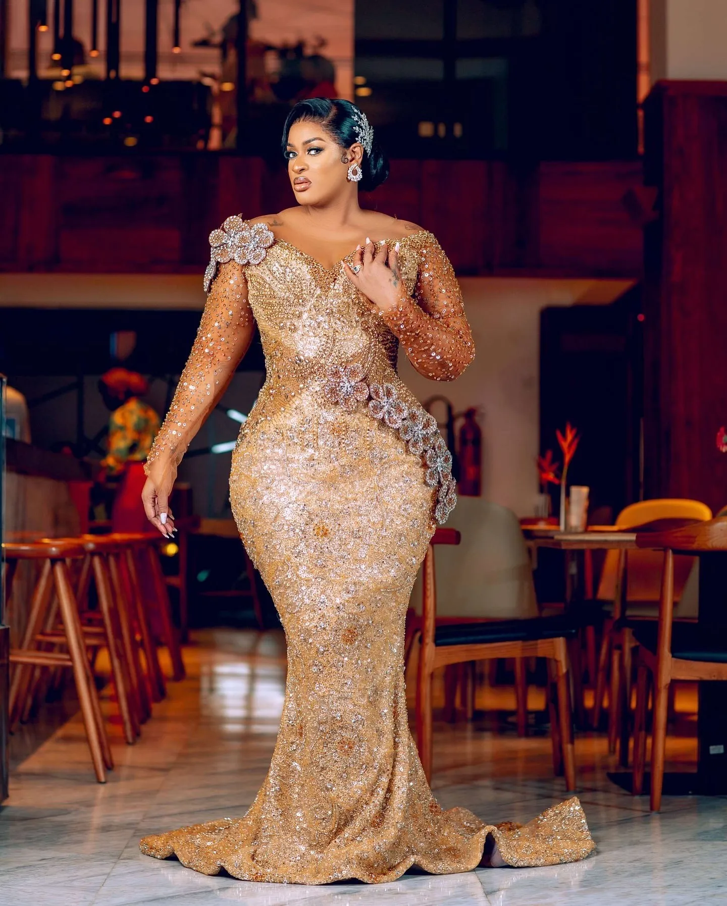 cream and gold dress plus size Plus Size Floral Sequin Print Fishtail Tulle Dresses for Party Mermaid –  lilyscrubs main image 0