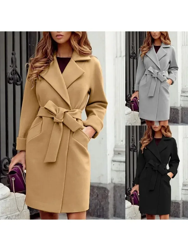 Womens S-2XL Fashion Slim Fit Wool Blend Trench Coat with Waist