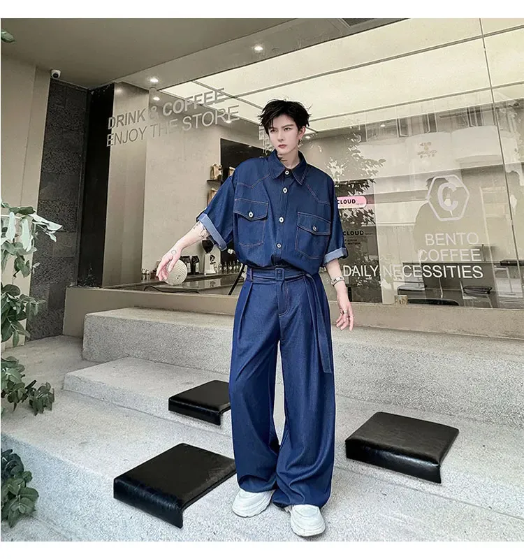 【Anyone more】Denim Collar Line Setup Set DHgate.com:Denim Set Mens Solid Summer Turn-down Collar