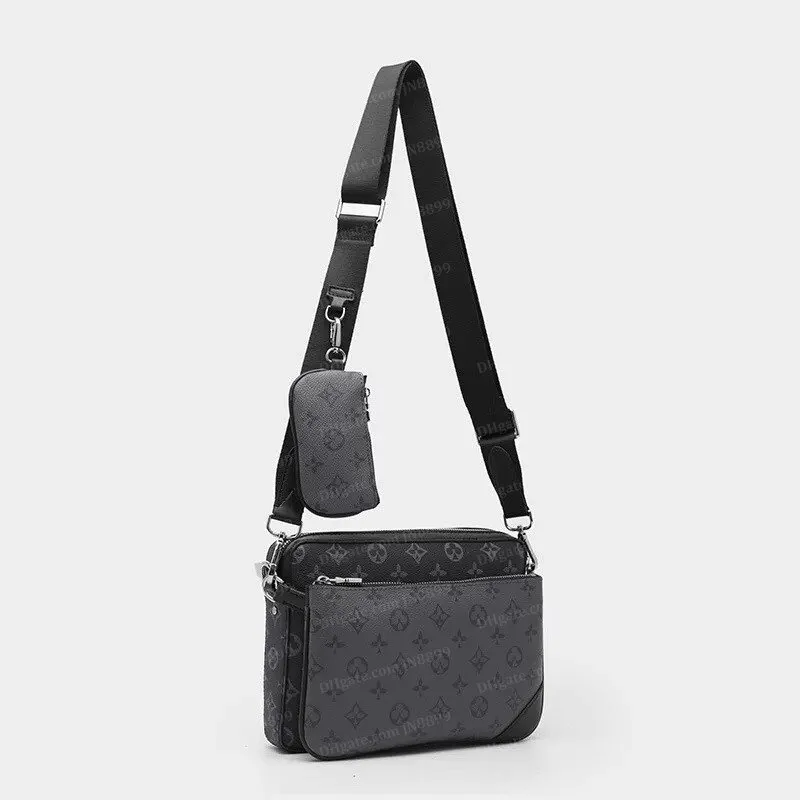3 Piece Designer Men s shoulder bag Set Genuine Leather Messenger shoulder bag Black Flower Shoulder Crossbody Purse and Handshoulder bag