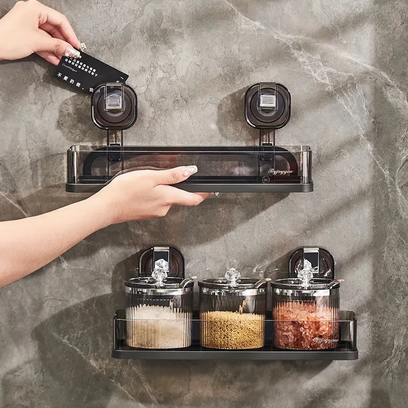 Wall-Mount Suction Cup Metal Spice Rack, No-Drill Kitchen Organizer Shelf,  Never Falls Off