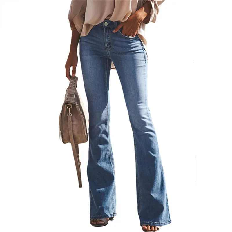Women's Denim Flared Pants - High Rise Slimming Wide Leg Stretch Jeans (Blue, Medium) - View #9