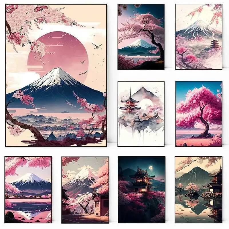 Japanese Canvas Wall Art - Blooming Cherry Trees & Mount Fuji Landscape Painting, 24x36 Inches, Framed Ready To Hang - View #7