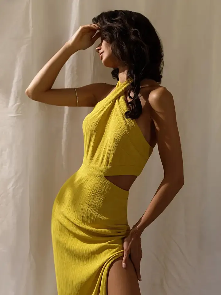 white christmas dresses Yellow One Shoulder Cut Out Pleated Midi Dress – AX Paris US main image 1