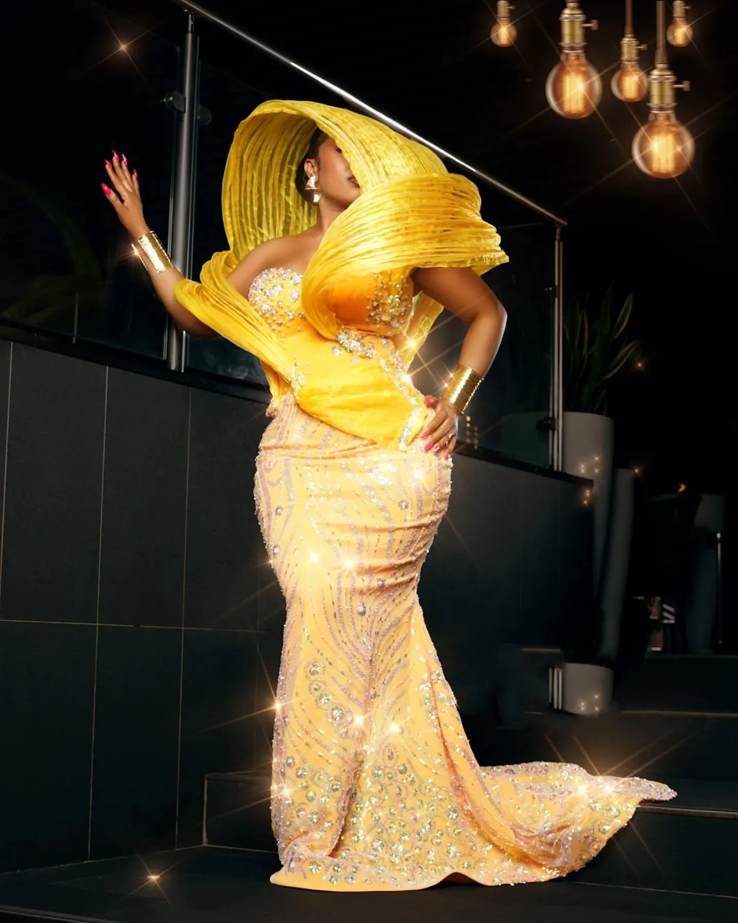 Yellow Beaded Sequined Plus Size Mermaid prom dress for 2022 - Stylish Evening Formal Party, Second Reception, Birthday, Celebrity Engagement Gown (