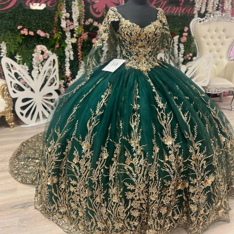 green emerald velvet dress Misshow Exquisite Emerald Green Quinceanera Dress Off-Shoulder Gold La main image 1
