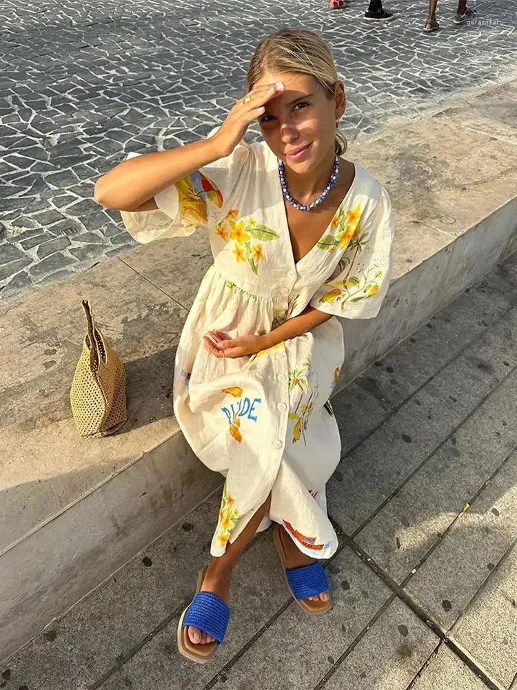Printed Linen Midi Dress with V-neck and Short Sleeves for Women Casual  Summer Beach Wear from Dhgate Women Beach Wear - price 33.04