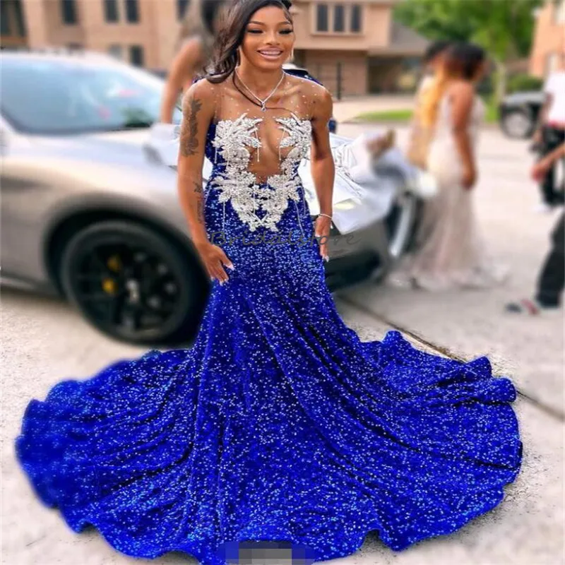 open lace back dress Off Shoulder Royal Blue Sequin Prom Dresses, Bridesmaid Dresses, High –  ClaireBridal main image 0