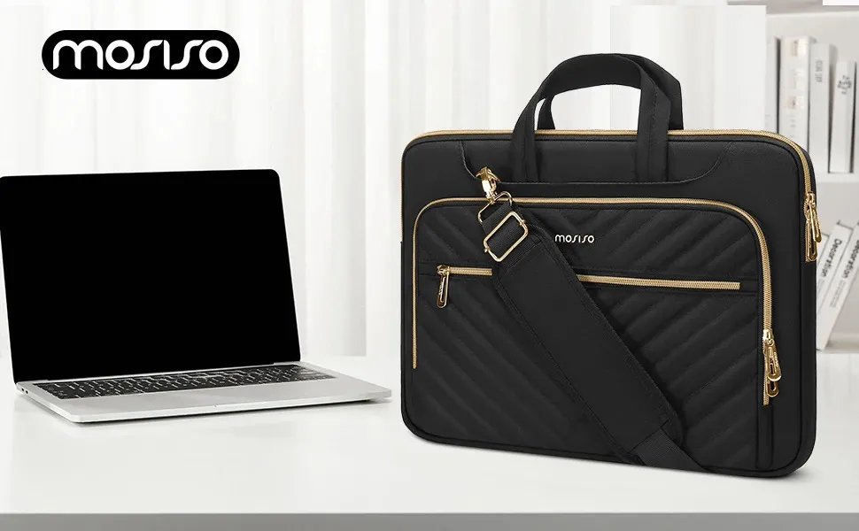 DOMISO Sacoche Ordinateur Portable 15.6 Pouces - Housse Imperméable Noire Avec Zip Doré Et Bandoulière