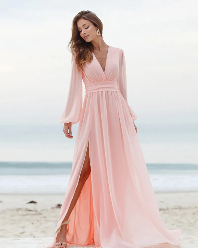 Watermelon Red Pink Green V-Neck Long Sleeve A-Line Evening Dress with  Zipper Back and Sweep Train from Dhgate Evening Dresses - price 61.51