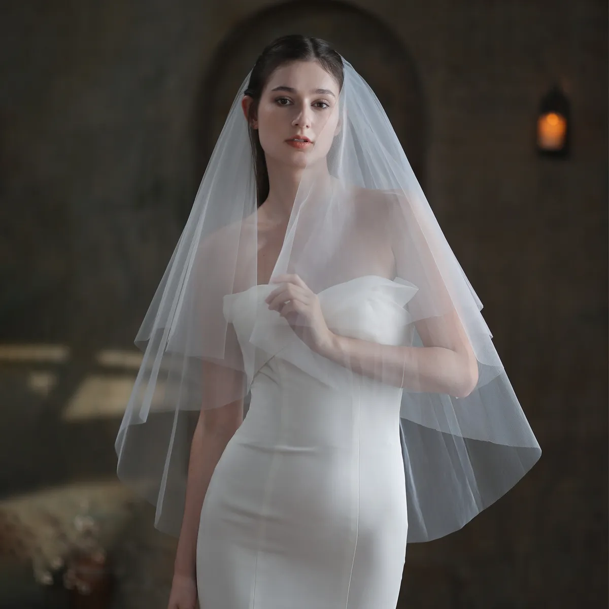 Fancy Ivory Bridal Veils Two-Layer Fingertip Length Tulle 