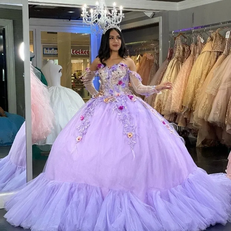 fitted lace wedding dress Glamorous Purple Floral Lace Off-the-Shoulder Quinceanera Gown – Modsele main image 0
