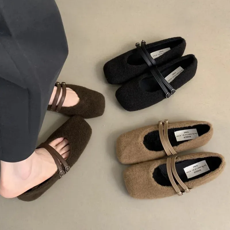 Save Big on Bulk Square Toed Mary Jane Flats Winter Shoes For Women Flats  Short Plush Mary Janes Shoes Double Buckle Faux Fur Warm Ballet Flats  Square