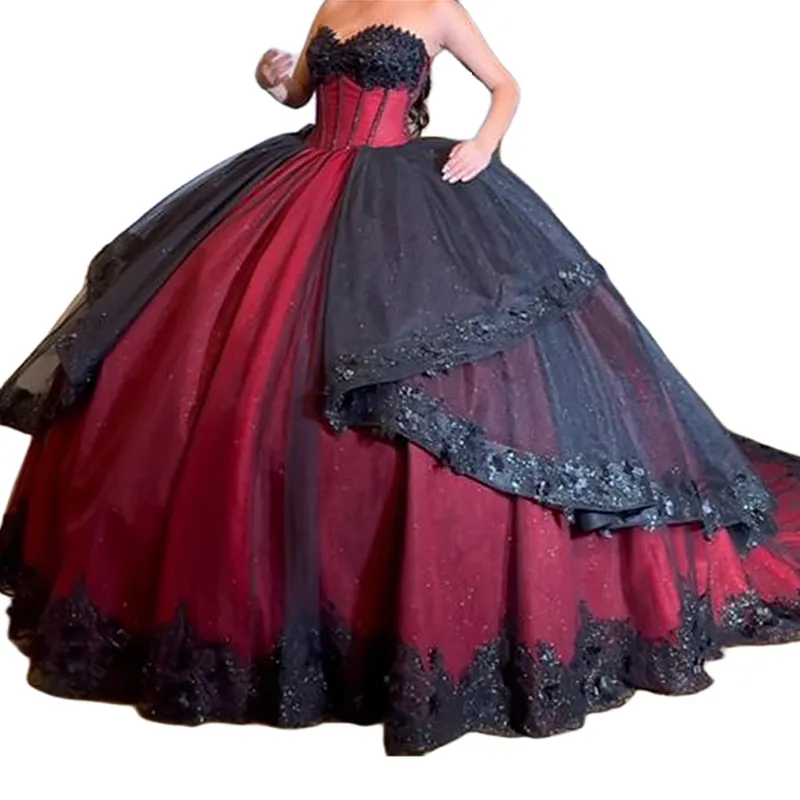 wedding dress with burgundy accents Gothic Wedding Dresses with Cape Black and Burgundy Lace Appliques Bridal Gowns