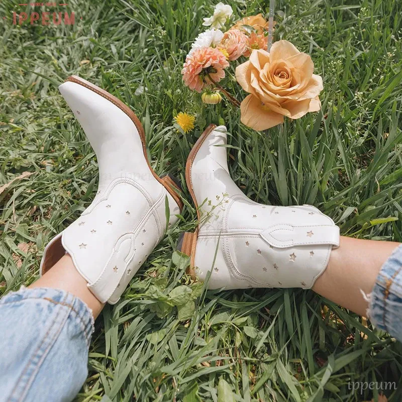 White Leather Ankle Cowboy Boots Star Design, Western Cowgirl