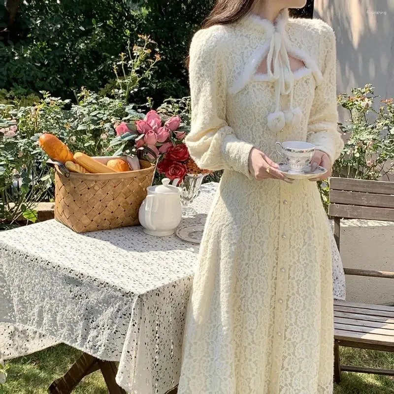 Elegant Winter Midi Dress: Vintage Lace Patchwork, Pearl Accents, Korean  Fashion Retro Style Perfect Party Casual Occasions, Women's Designer