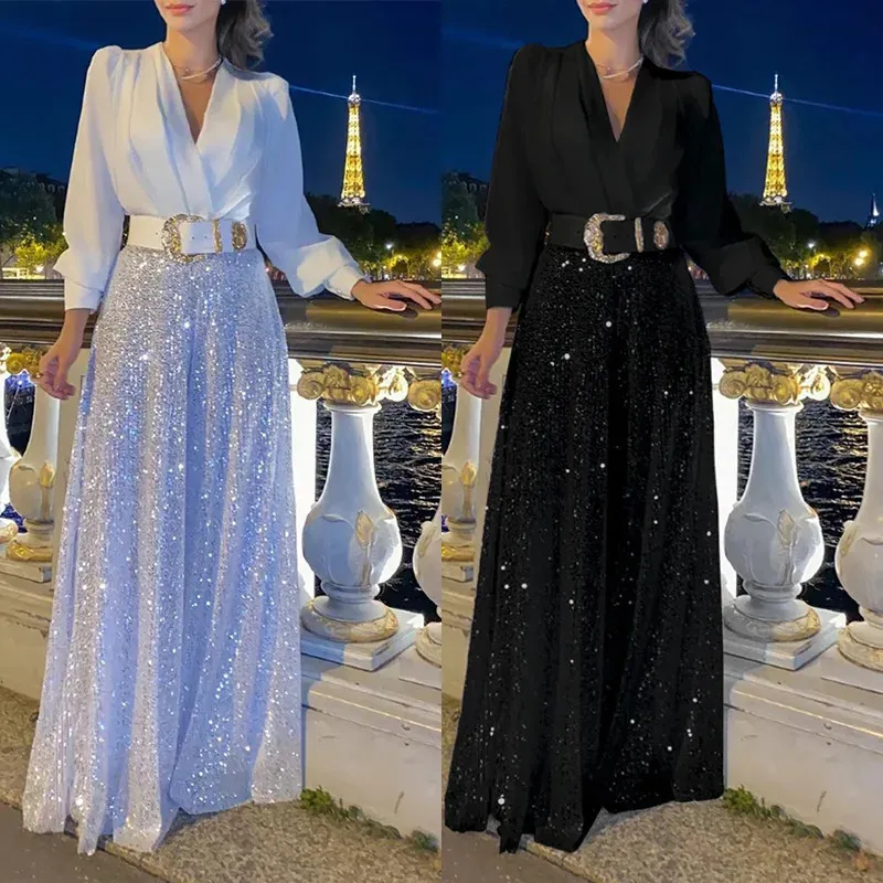 Combinaisons De Soirée Pour Femmes, Manches Longues, Paillettes, Col En V, Taille Haute, Coupe Cintrée, Élégantes Et Chics, Mode Printemps Automne Du 37,98 € | DHgate