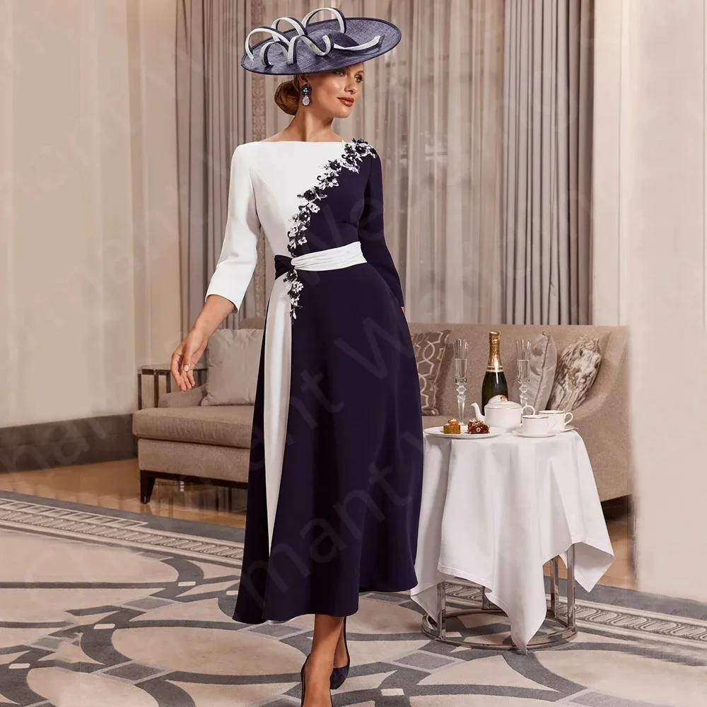 Navy Satin Mother of the Bride Dress with Lace Appliques A-Line Tea-Length 3/4 Sleeve Bateau Neck Zipper Back from Dhgate Mother's Dresses - price 105.53 Navy Satin Mother of the Bride Dress with Lace Appliques A-Line Tea-Length 3/4 Sleeve Bateau Neck Zipper Back from Dhgate Mother's Dresses - price 105.53