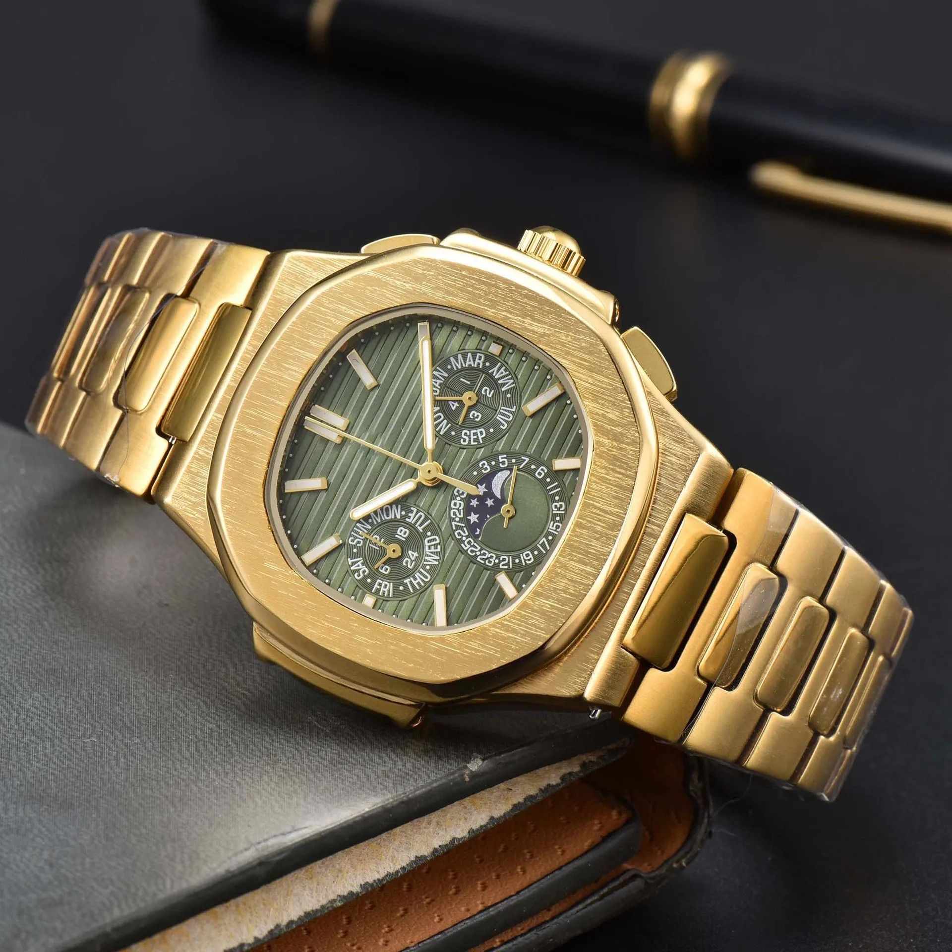 最高級 Top Luxury Steel Stainless All Pin Six Mens Watch Phase Moon インテリア時計