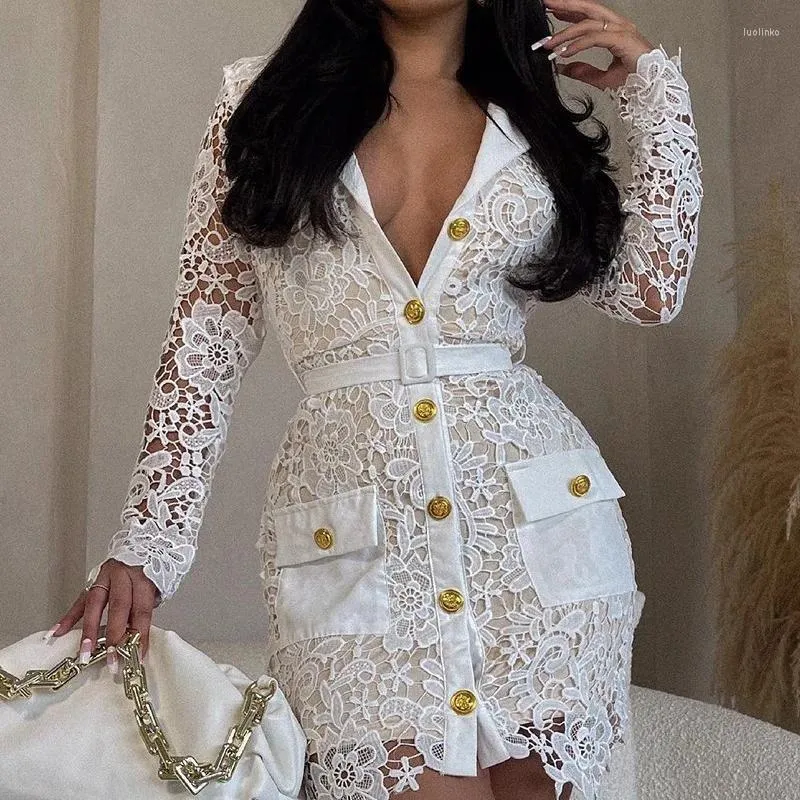 Elegant Lace Shirt Dress Womens Spring Summer See-Through Long