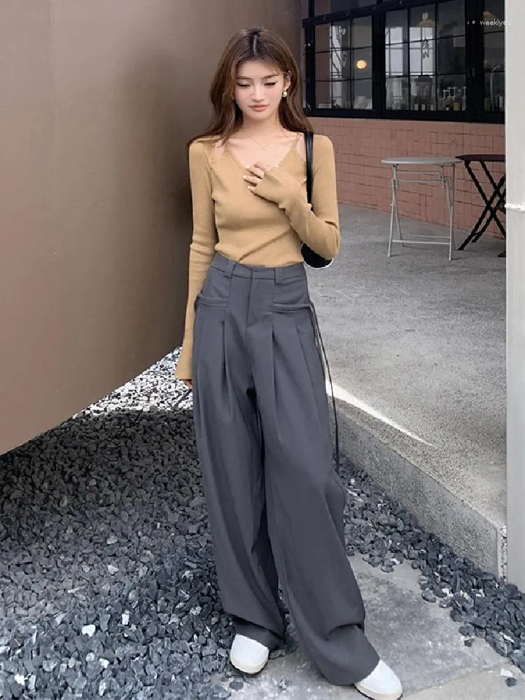 Autumn Wide Leg Pants for Women High Waist, Chic Solid Colors, Pockets,  Casual Baggy Korean Style Trousers, Office Lady Suit Pants