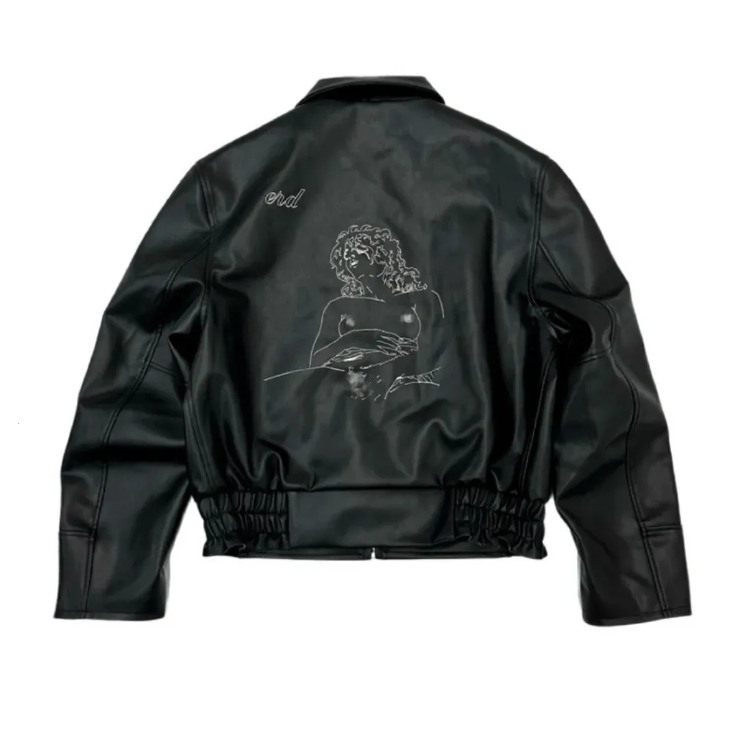Y2K Mens ERD Embroidered Leather Best Bomber Jackets Black
