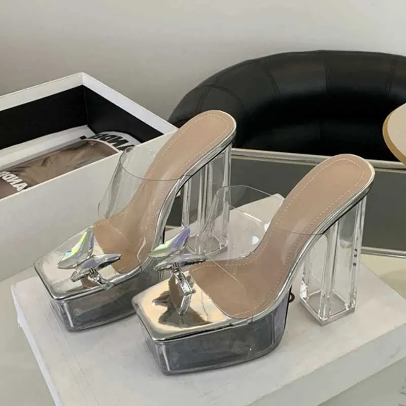 Clear Thick Platform Heels Sandals Transparent Butterfly Clip Toe Slippers for Women