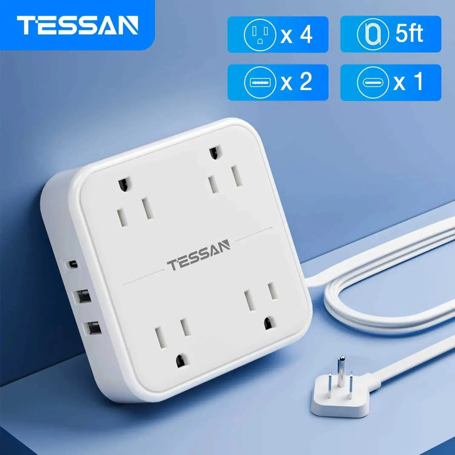 Power Cable Plug TESSAN Flat Plug Power Board With 4 AC Sockets+2 USB ...
