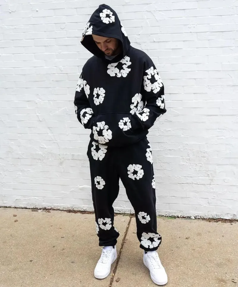 【信頼】 Retro Harajuku Kapok Floral Tracksuit With Foamed Print Clothing