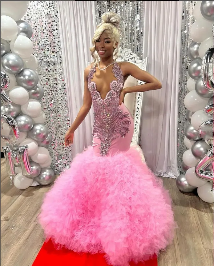 Mermaid Strapless Open Back Beaded Baby Pink Prom Dress WU1254