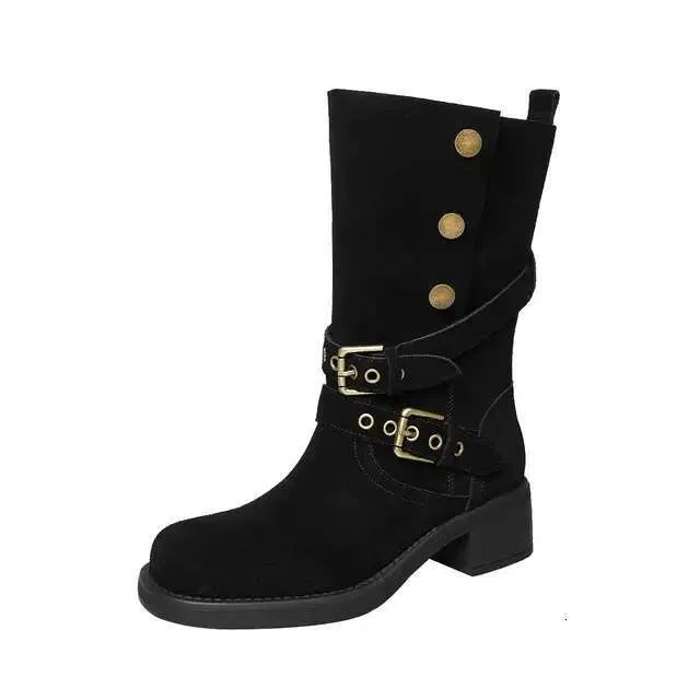 Cow Suede Riding Boots: Warm, Knightly Style with Metal Detail 