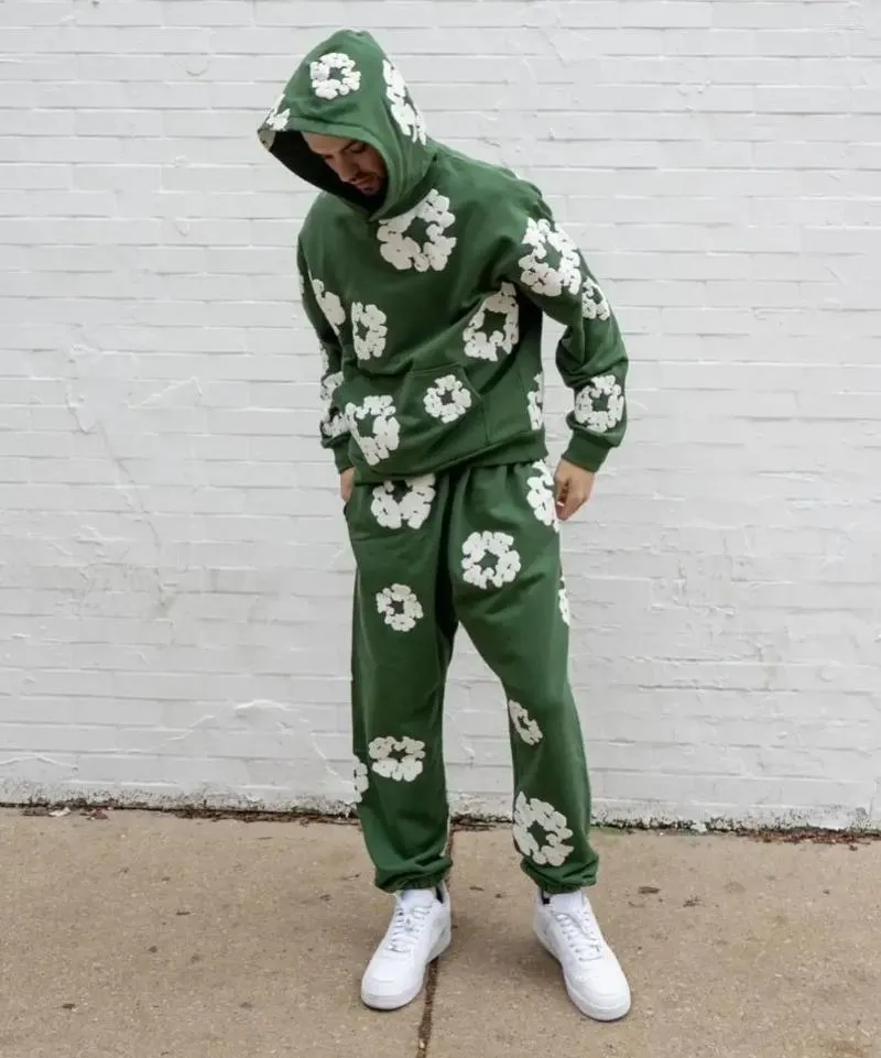 Retro Style Mens Tracksuits: Kapok Blend Hoodie & Sweatpants Set