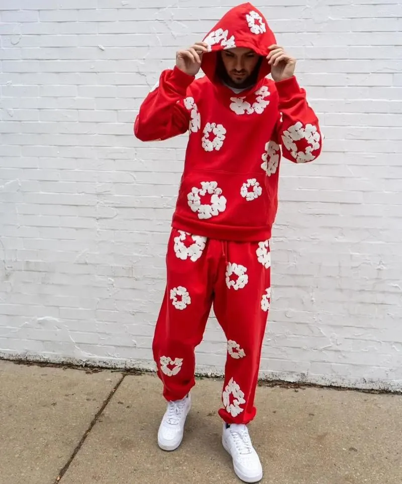 Retro Style Mens Tracksuits: Kapok Blend Hoodie & Sweatpants Set