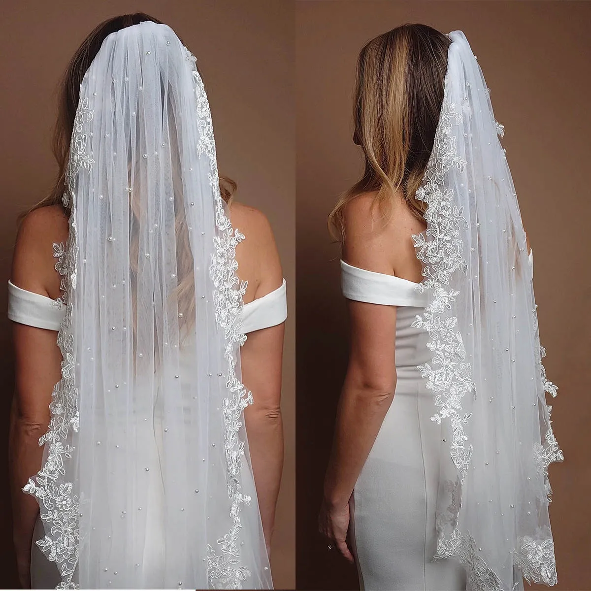Elegant White Pearl Veil with Comb Elegant Different Sized Pearls Fingertip Length Comb Bridal Veil main image 3