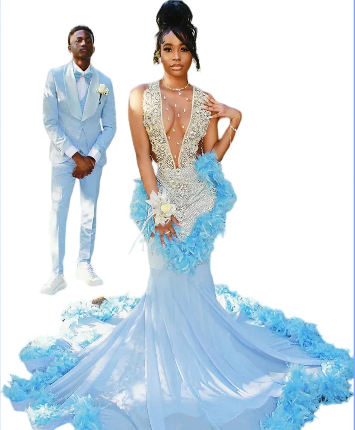Gold Promgirl Mermaid Dresses Blue Satin Mermaid Prom Dress With Feather  Embellishments For Black Girls And