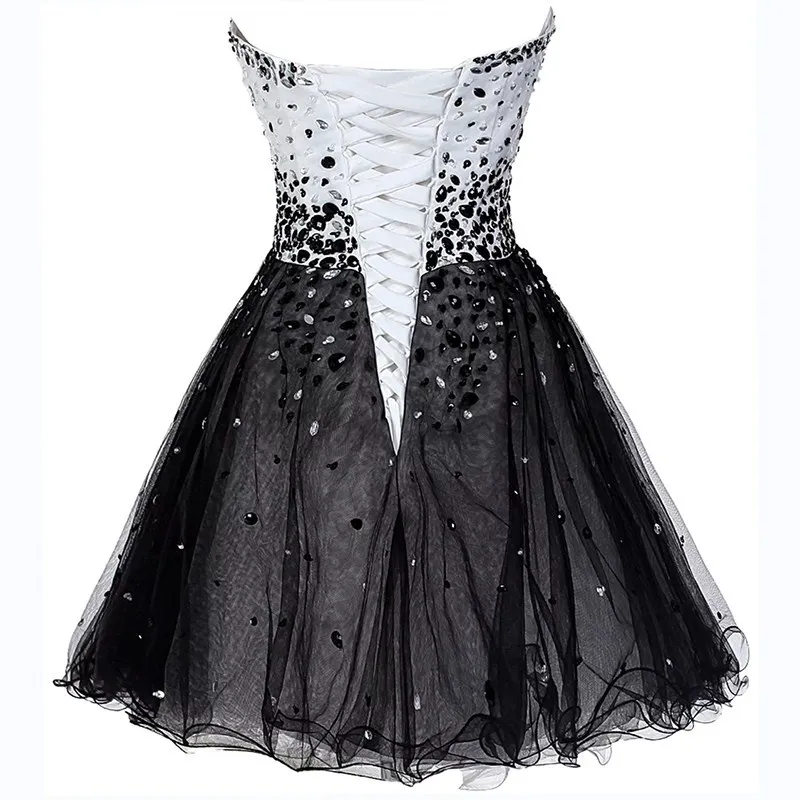 open lace back dress A-line V neck Black White Short Prom Dress Beaded Homecoming Dresses #   SELINADRESS