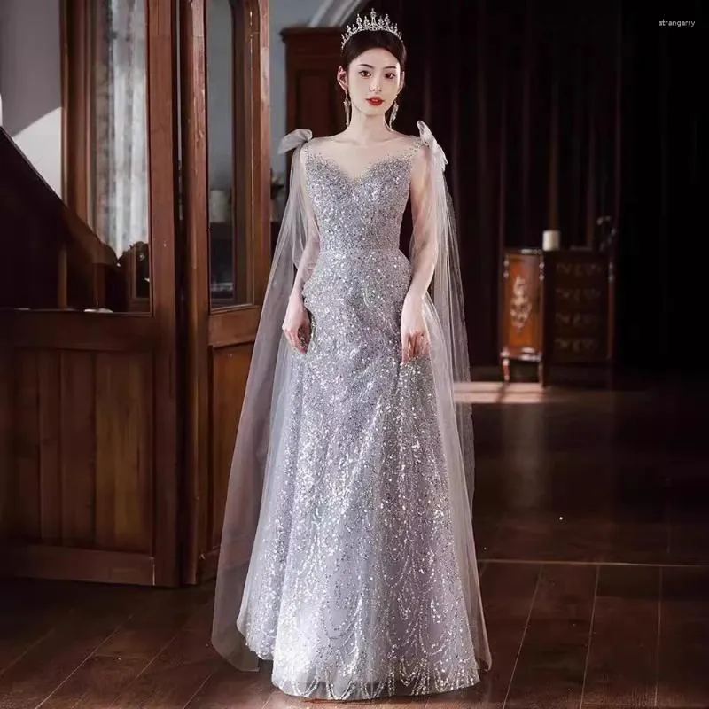Silver Grey Floor-Length Sequined Party Dress with Bow and Hooded Collar  for Women from Dhgate Urban Sexy Dresses - price 98.42
